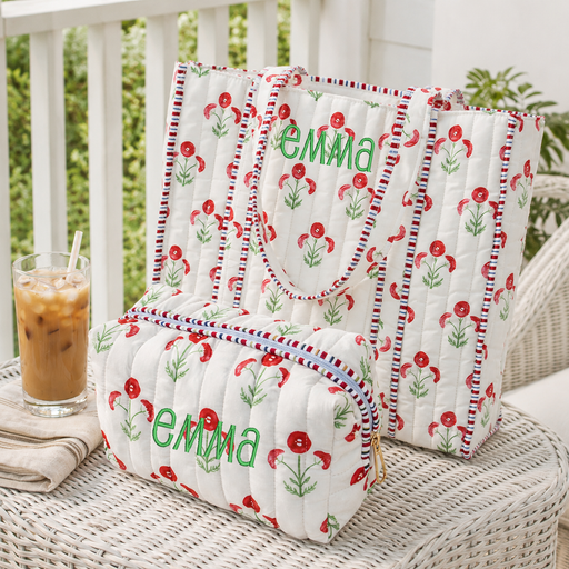 Personalized Quilted Red Block Print Tote & Pouch Set - Embroidered Letters - Threadart.com
