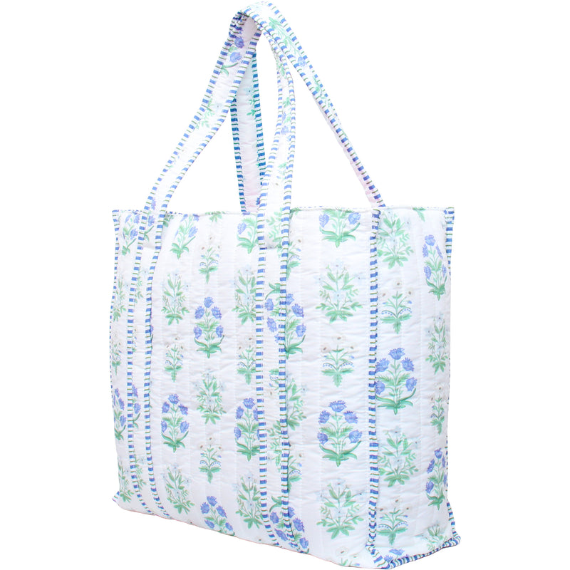 Personalized Quilted Blue Block Print Tote Bag - Embroidered With Initials - Threadart.com