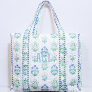 Personalized Quilted Blue Block Print Tote Bag - Embroidered With Initials - Threadart.com