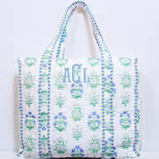Personalized Quilted Blue Block Print Tote Bag - Embroidered With Initials - Threadart.com
