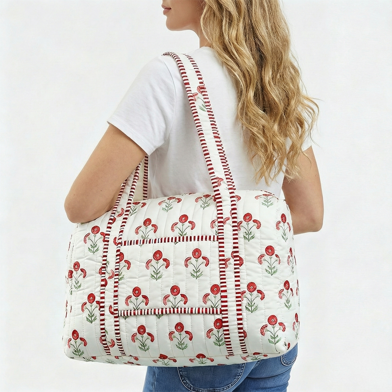 Personalized Quilted Blue Block Print Duffel Bag - Embroidered With Initials - Threadart.com