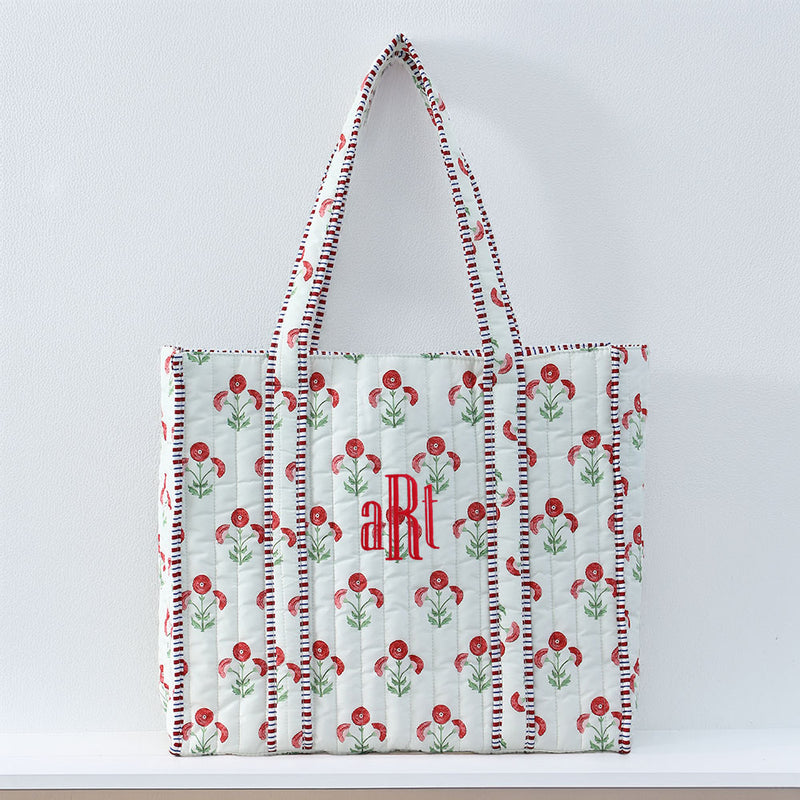 Personalized Quilted Red Block Print Tote Bag - Embroidered With Initials - Threadart.com