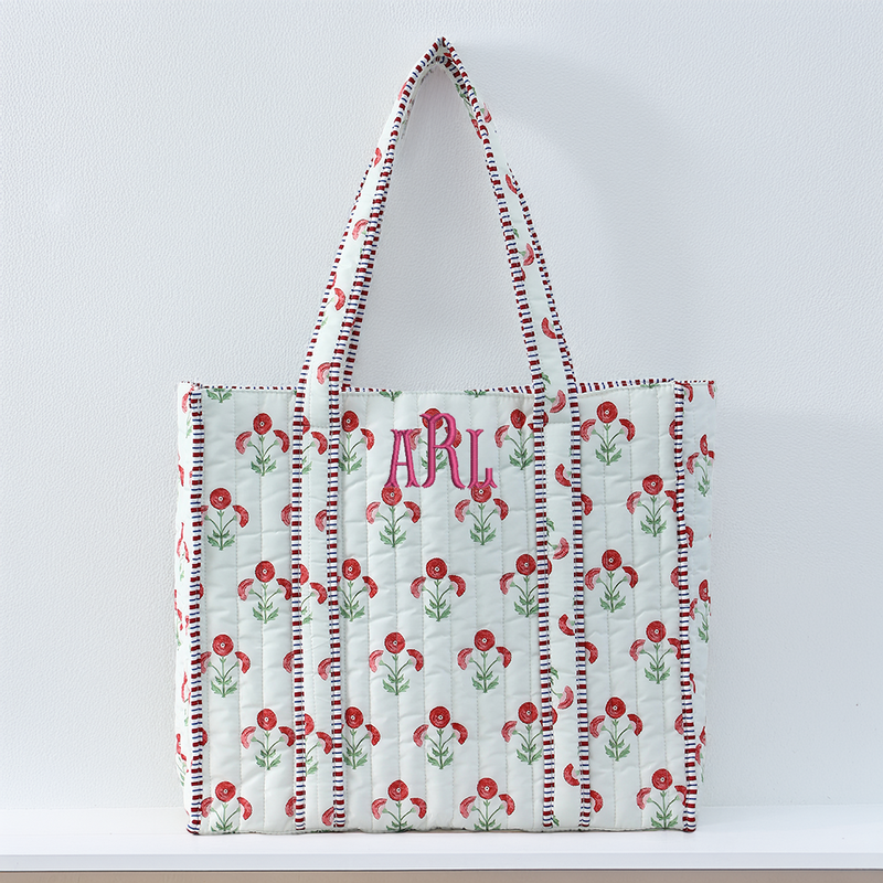 Personalized Quilted Red Block Print Tote Bag - Embroidered With Initials - Threadart.com