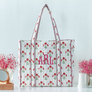 Personalized Quilted Red Block Print Tote Bag - Embroidered With Initials - Threadart.com