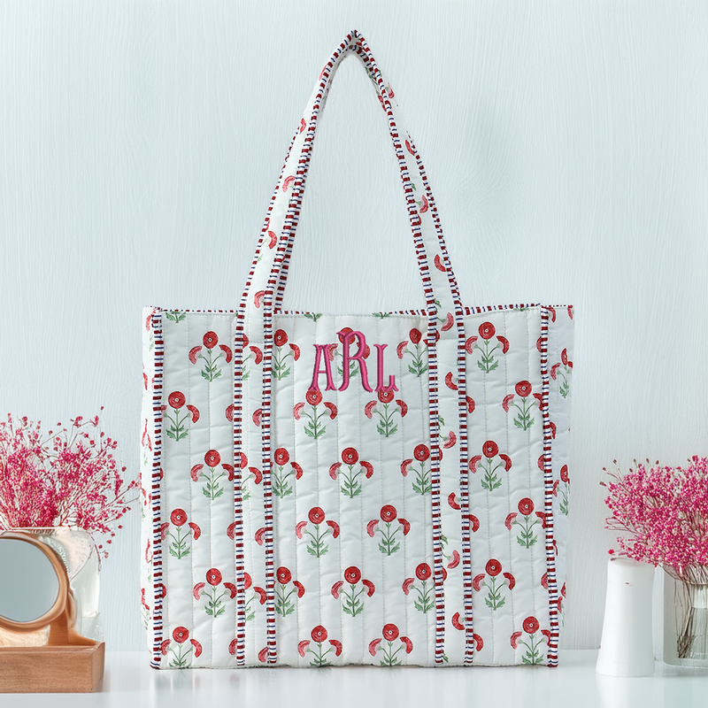Personalized Quilted Red Block Print Tote Bag - Embroidered With Initials - Threadart.com