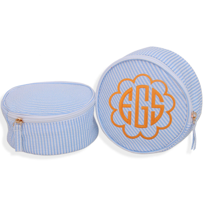 Personalized Round Seersucker Cosmetic Pouch 6" With Embroidered Monogram - Threadart.com