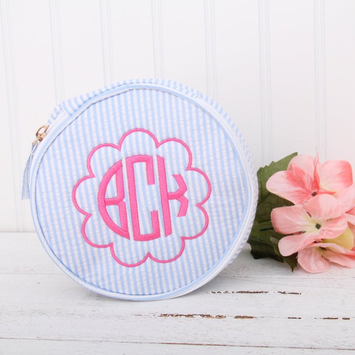 Personalized Round Seersucker Cosmetic Pouch 6" With Embroidered Monogram