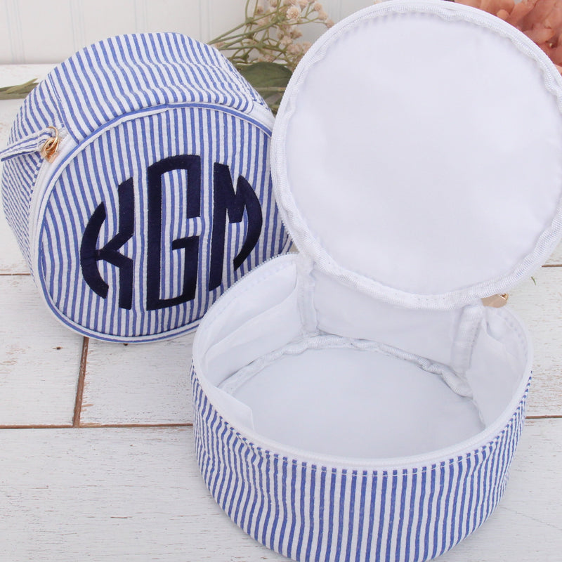 Personalized Round Seersucker Cosmetic Pouch 6" With Embroidered Monogram - Threadart.com