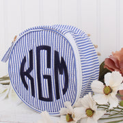 Personalized Round Seersucker Cosmetic Pouch 6" With Embroidered Monogram - Threadart.com