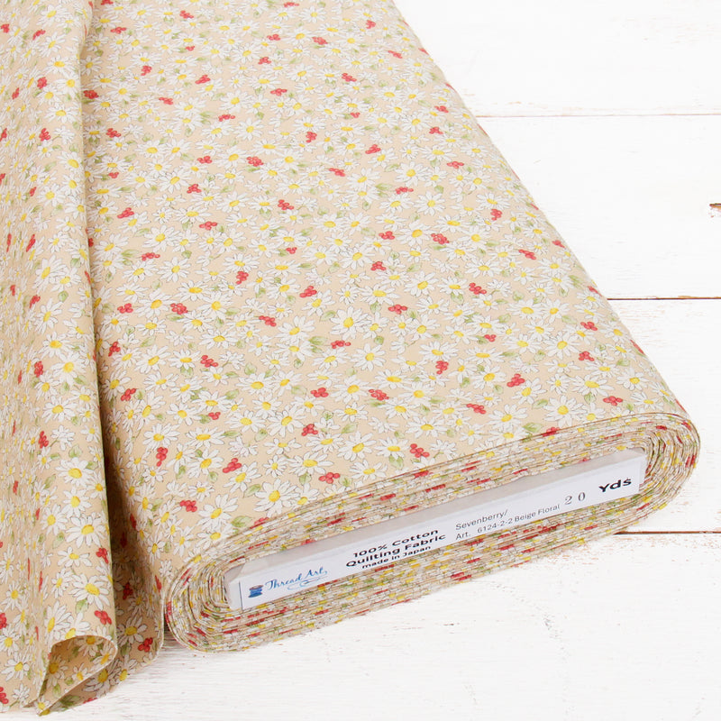 Premium Cotton Quilting Fabric Sold By The Yard - Sevenberry Collection - Beige Daisy Floral - Threadart.com