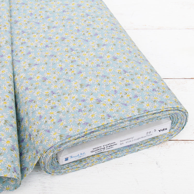 Premium Cotton Quilting Fabric Sold By The Yard - Sevenberry Collection - Light Blue Daisy Floral - Threadart.com