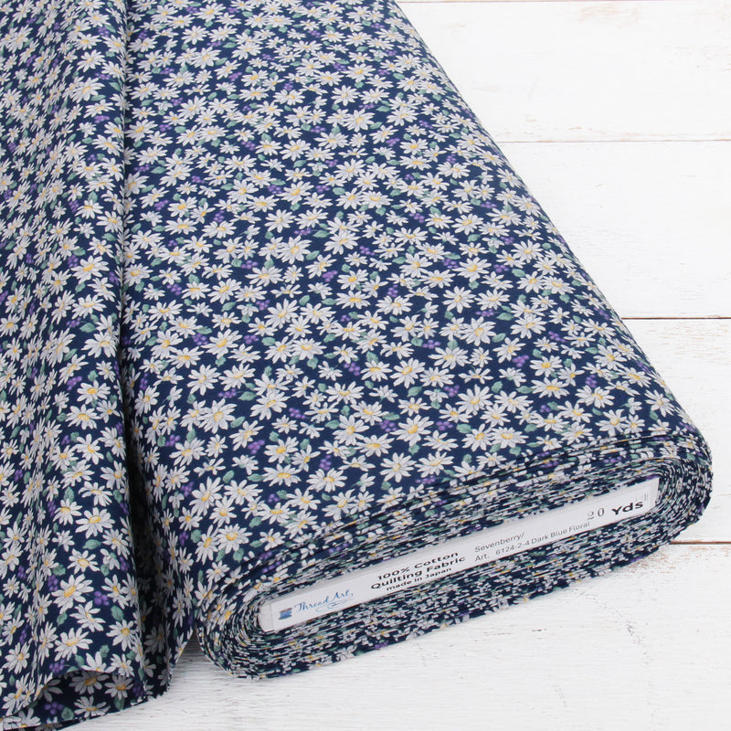 Premium Cotton Quilting Fabric Sold By The Yard - Sevenberry Collection - Navy Daisy Floral - Threadart.com