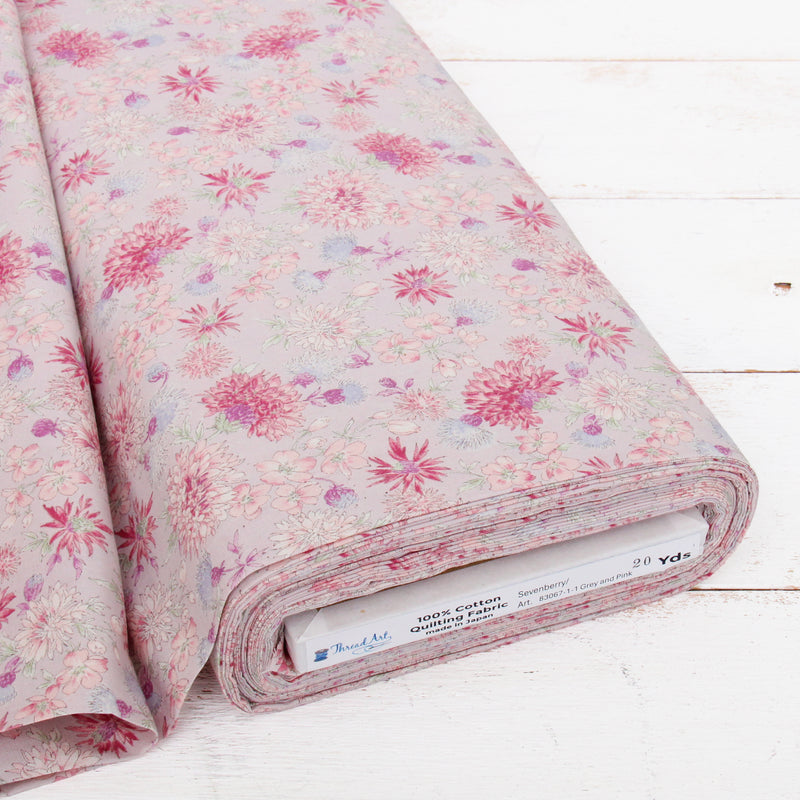 Premium Cotton Quilting Fabric Sold By The Yard - Sevenberry Collection - Grey and Pink Chrysanthemum - Threadart.com