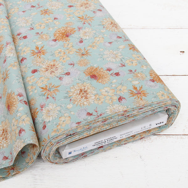 Premium Cotton Quilting Fabric Sold By The Yard - Sevenberry Collection - Teal and Orange Chrysanthemum - Threadart.com