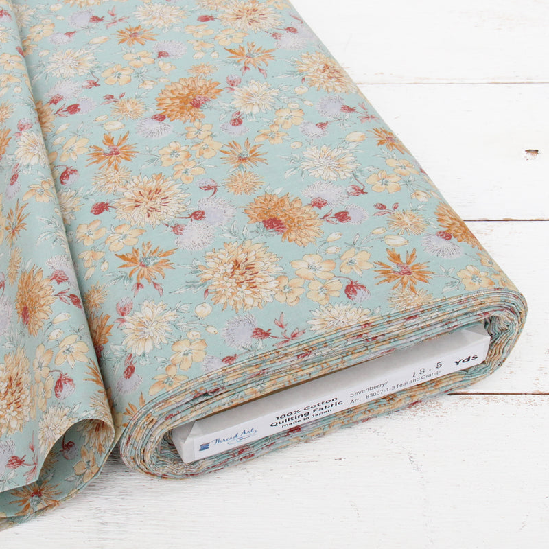 Premium Cotton Quilting Fabric Sold By The Yard - Sevenberry Collection - Teal and Orange Chrysanthemum - Threadart.com