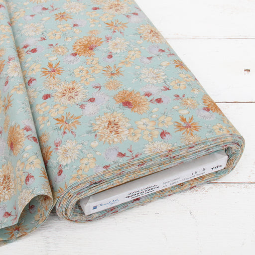 Premium Cotton Quilting Fabric Sold By The Yard - Sevenberry Collection - Teal and Orange Chrysanthemum - Threadart.com