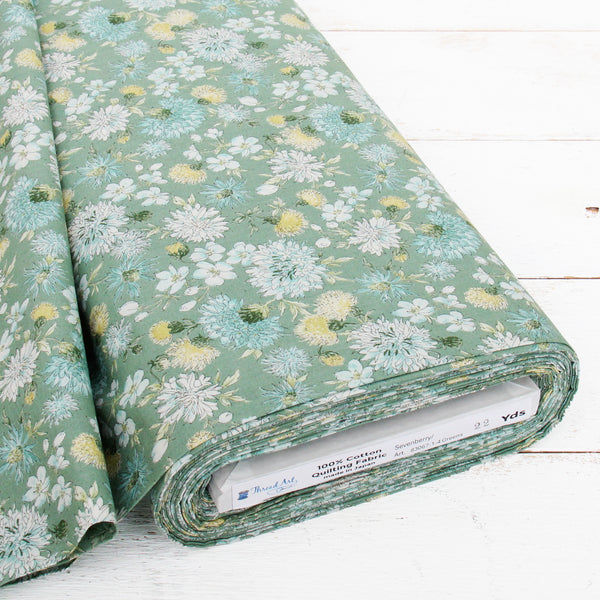 Premium Cotton Quilting Fabric Sold By The Yard - Sevenberry Collection - Green Chrysanthemum - Threadart.com