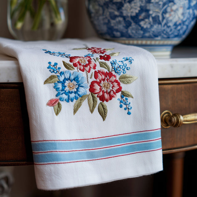 Embroidered tea towel on a dresser