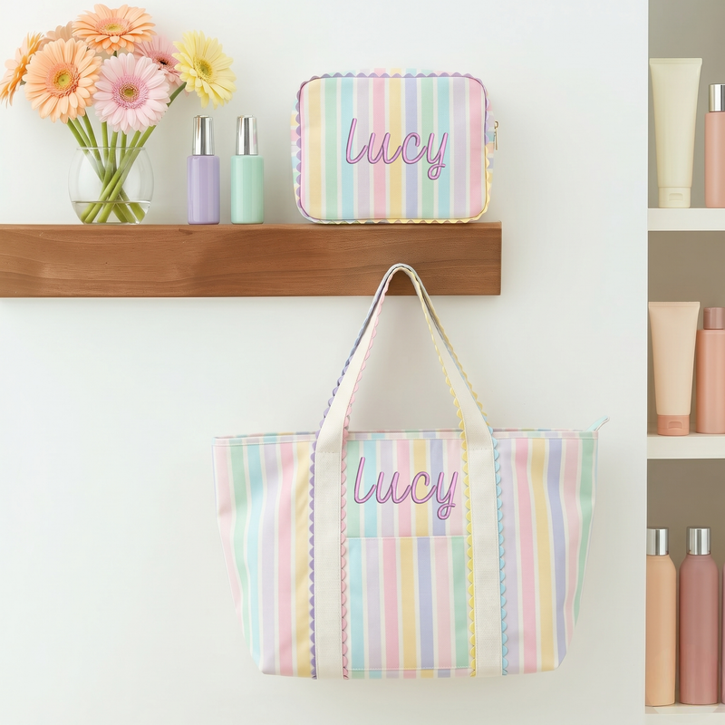 Personalized Pastel Striped Pouch Bag - Customized With Embroidery