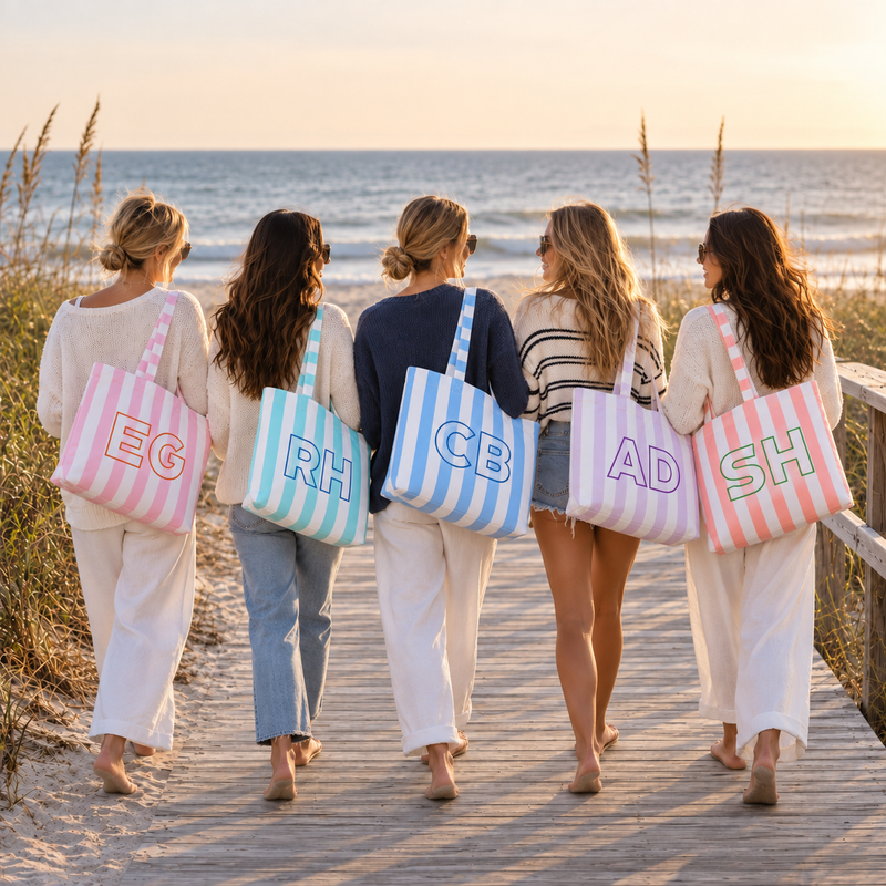 Personalized Striped Tote Bag - Embroidered Monogram or Name
