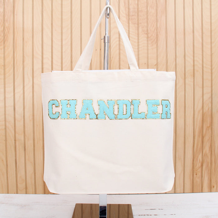 Personalized Canvas Tote Bags - Varsity Chenille Letters - Choose Your Color and Text - Threadart.com