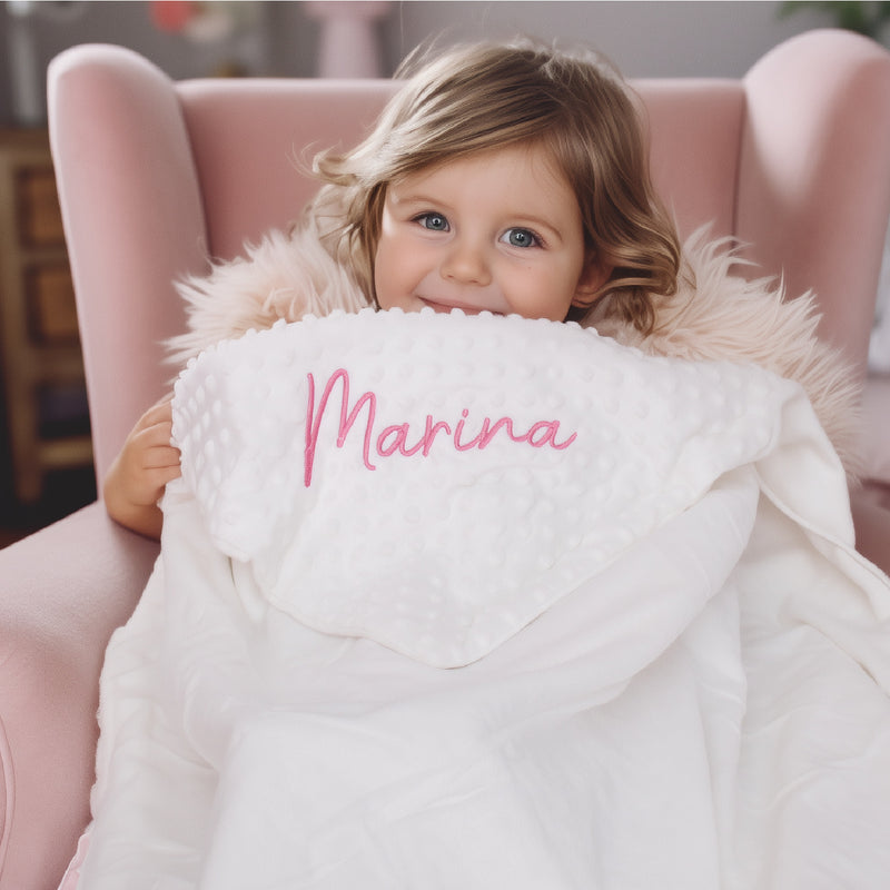 Personalized Soft Baby Blanket - Minky Ivory, Blue and Pink With Embroidery Name - Threadart.com