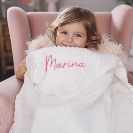 Personalized Soft Baby Blanket - Minky Ivory, Blue and Pink With Embroidery Name - Threadart.com