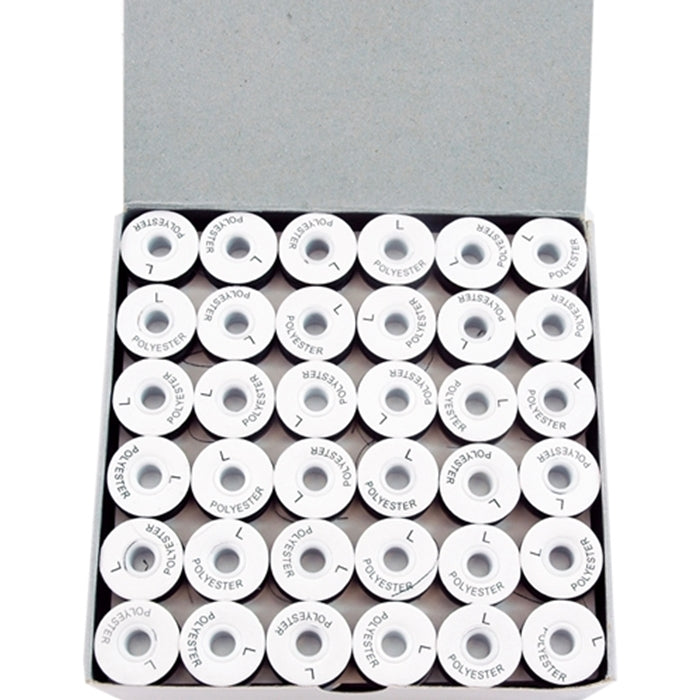 Prewound Embroidery Bobbins - 144 Count Per Box - Black Cardboard Sided - L Style - Threadart.com