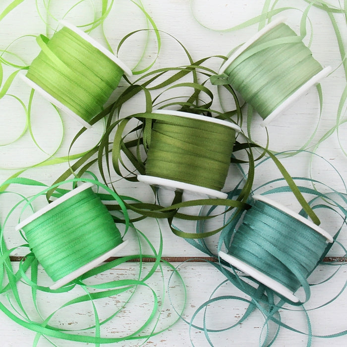 2mm Silk Ribbon Set - Green Shades - Five Spool Collection - Threadart.com