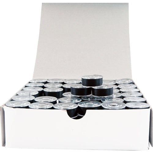 Prewound Embroidery Bobbins - 144 Count Per Box - Black Plastic Sided - L Style - Threadart.com