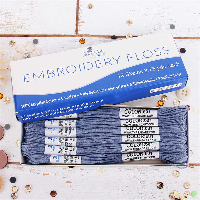 Dusty Blue Premium Cotton Embroidery Floss - Box of 12 - Six Strand Thread - No. 601 - Threadart.com