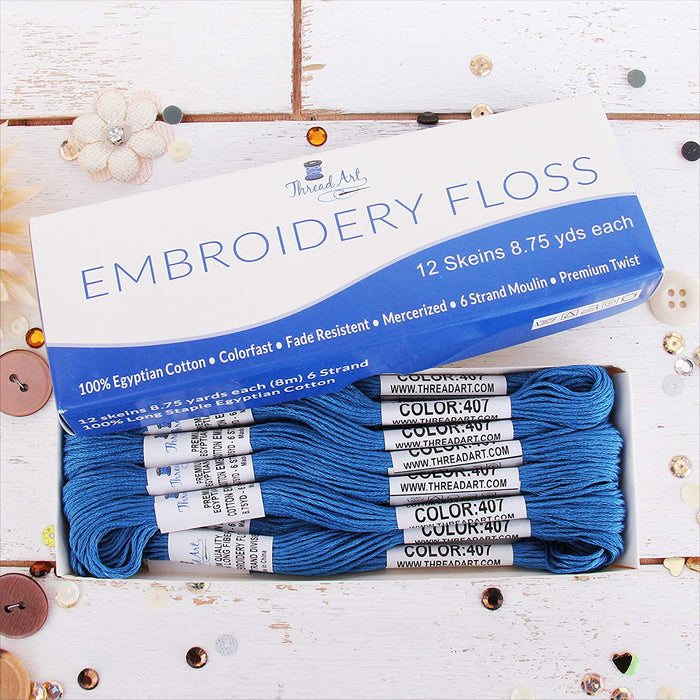 Blue Premium Cotton Embroidery Floss - Box of 12 - Six Strand Thread - No. 407 - Threadart.com