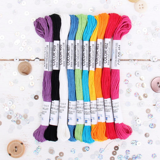 Premium Cotton Embroidery Floss Set in 10 Rainbow Bright Colors - Six Strand Thread - Threadart.com