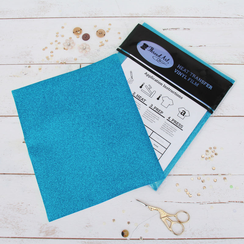 Aqua Glitter Iron On Vinyl - Pack of Heat Transfer Sheets - Threadart.com
