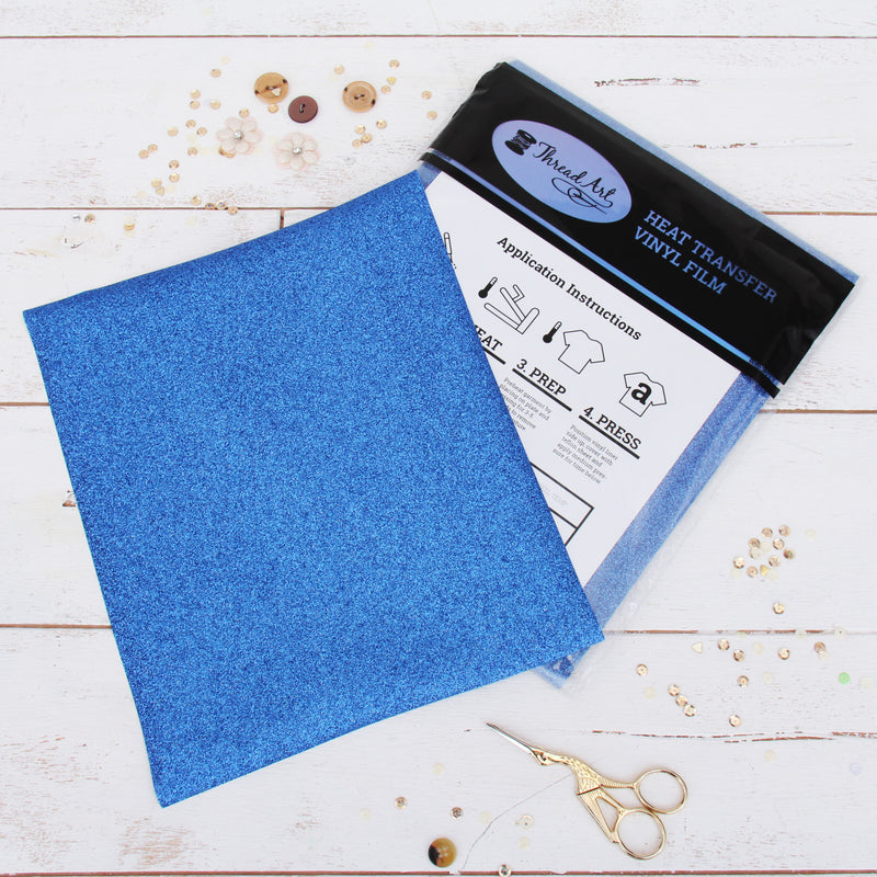 Blue Glitter  Iron On Vinyl - Pack of Heat Transfer Sheets - Threadart.com