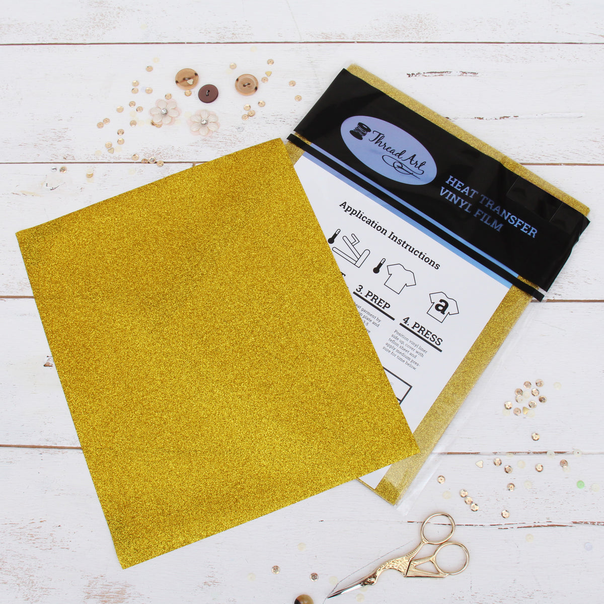 Gold Glitter Iron On Vinyl - Pack of Heat Transfer Sheets — Threadart.com, image size:1200x1200