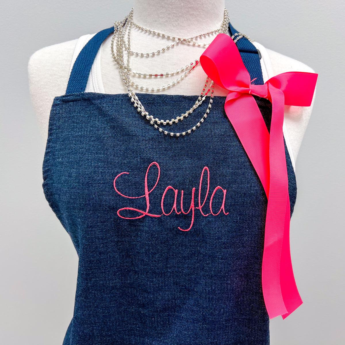 Personalized Denim Apron With Embroidered Custom Text —