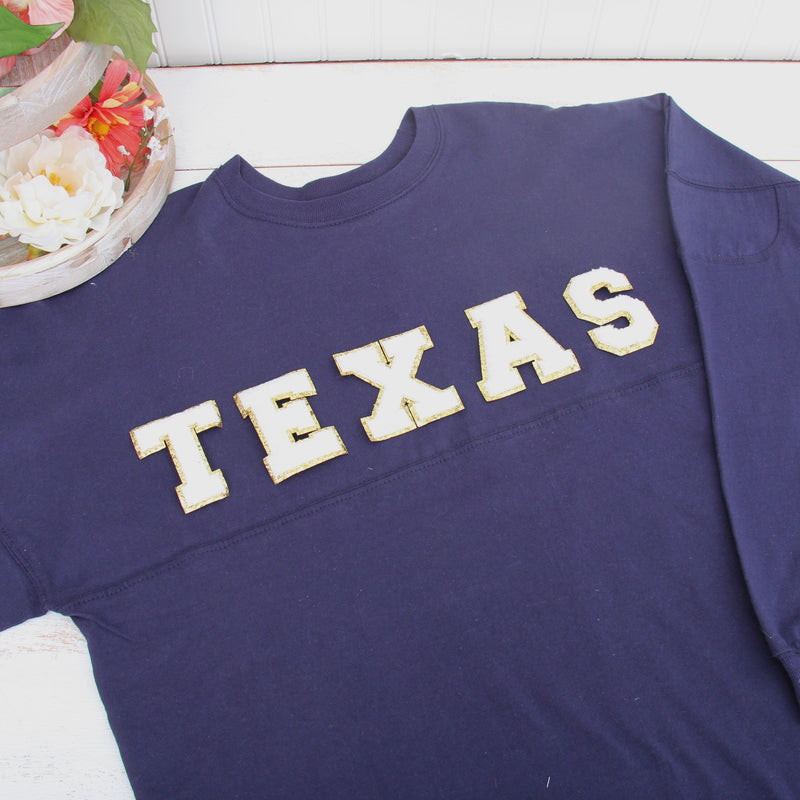 Blue Chenille Letter Patches - Set of 3 Iron-On Letters - Small 5.5 cm Chenille with Gold Glitter - Threadart.com
