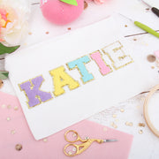 Lavender Chenille Letter Patches - Sets of 3 Letters - Large 8 cm Chenille with Gold Glitter - Threadart.com
