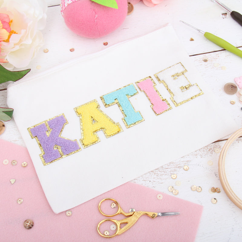 Lavender Chenille Letter Patches - Sets of 3 Letters - Large 8 cm Chenille with Gold Glitter - Threadart.com