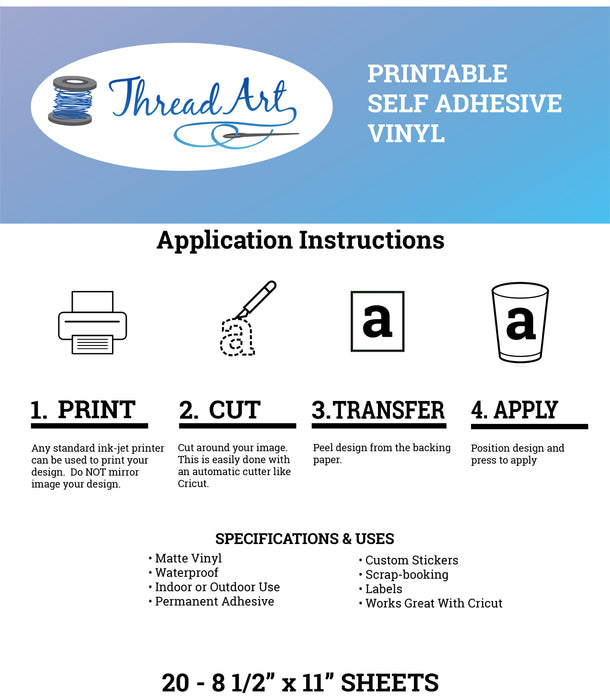 20 Sheets of Printable Sticker Vinyl - Inkjet or Laser Printer - Threadart.com