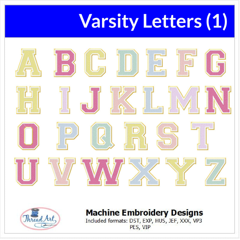 Varsity Font Letters Alphabet Two Colors- Machine Embroidery Designs - 3 Sizes, 8 Formats - Threadart.com