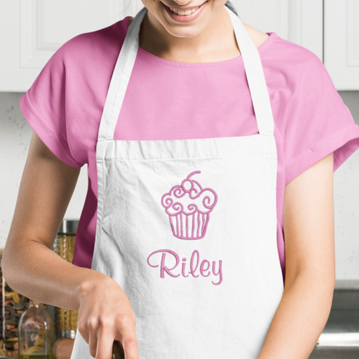 Personalized White Apron With Embroidered Cupcake & Custom Text - Threadart.com