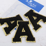 Black Chenille Letter Patches - Set of 3 Letters - Large 8 cm Chenille with Gold Glitter - Threadart.com