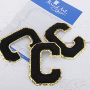 Black Chenille Letter Patches - Set of 3 Letters - Large 8 cm Chenille with Gold Glitter - Threadart.com