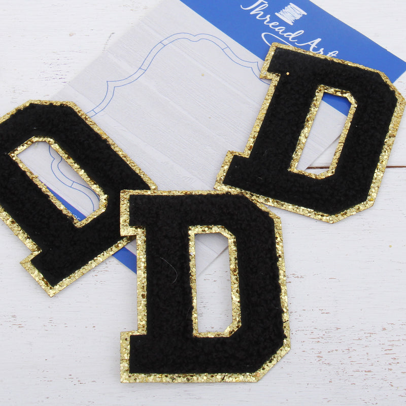 Black Chenille Letter Patches - Set of 3 Letters - Large 8 cm Chenille with Gold Glitter - Threadart.com