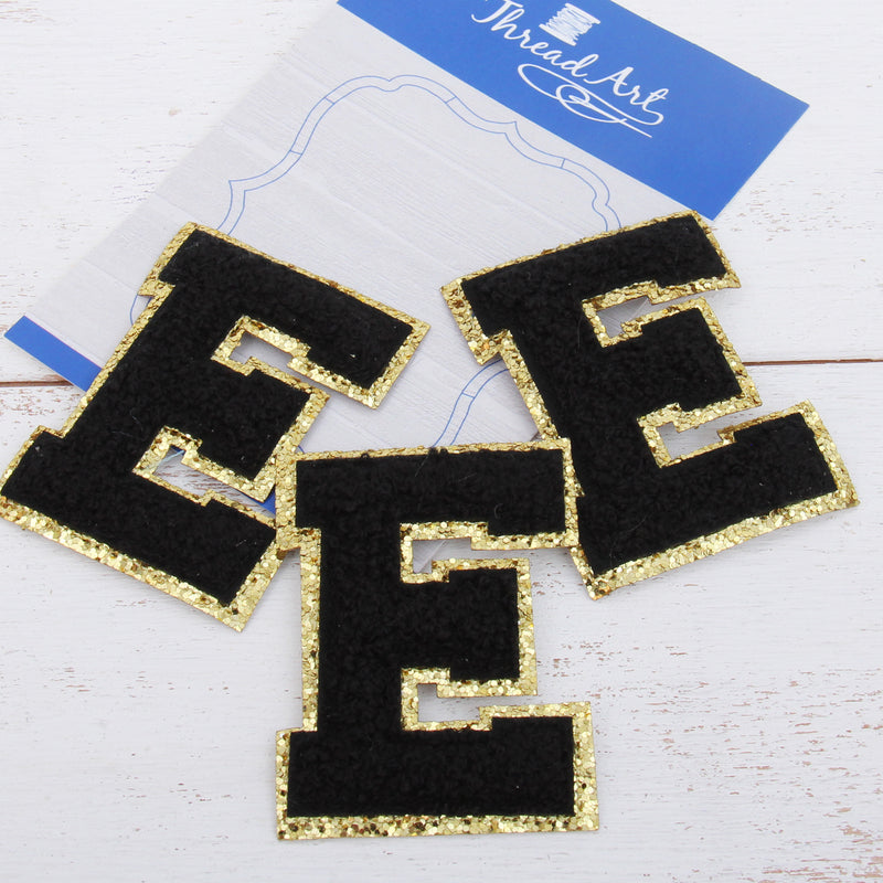 Black Chenille Letter Patches - Set of 3 Letters - Large 8 cm Chenille with Gold Glitter - Threadart.com