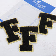 Black Chenille Letter Patches - Set of 3 Letters - Large 8 cm Chenille with Gold Glitter - Threadart.com