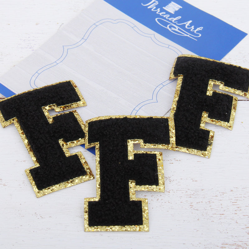 Black Chenille Letter Patches - Set of 3 Letters - Large 8 cm Chenille with Gold Glitter - Threadart.com
