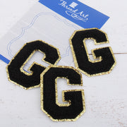 Black Chenille Letter Patches - Set of 3 Letters - Large 8 cm Chenille with Gold Glitter - Threadart.com